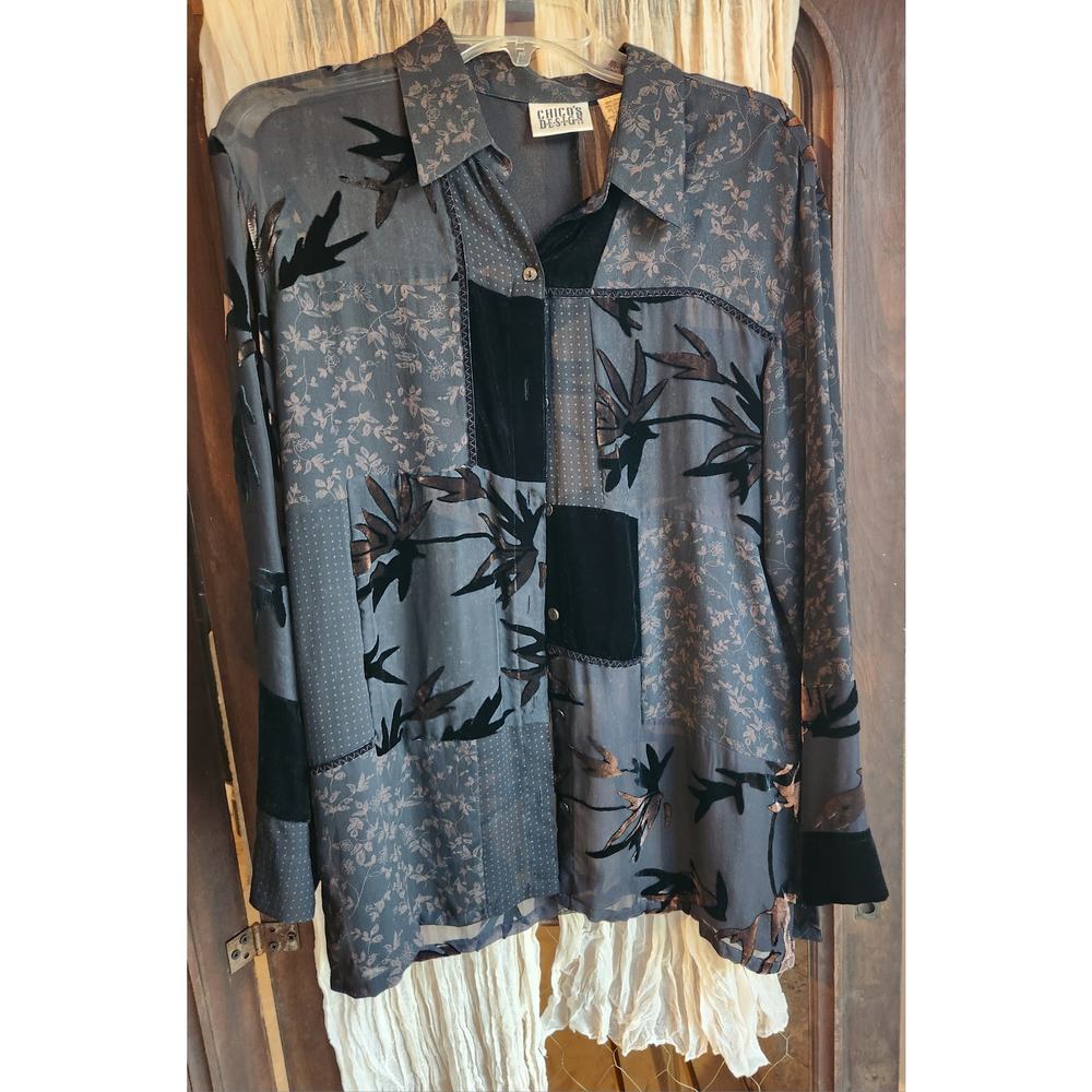 Chico Design Silk Blend Rich Artsy Patchwork Boho Button up Blouse